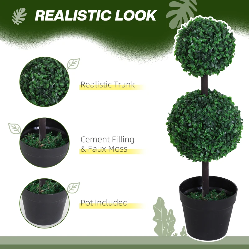 Outsunny Set of 2 Artificial Boxwood Ball Topiary Trees, 67cm Fake Plants in Pot for Outdoor and Indoor Décor