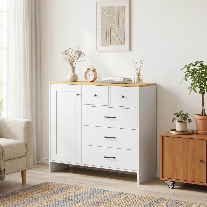 HOMCOM Buffet Cozinha, Móvel de Arrumação com 5 Gavetas e Porta, Estilo Rústico, 100 x 40 x 94 cm, Branco
