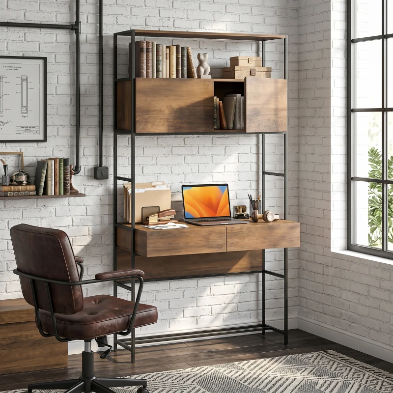 HOMCOM Bureau d'ordinateur avec 2 tiroirs, 100 x 45 x 185 cm, bureau avec rangement, 2 portes et étagères ouvertes, marron