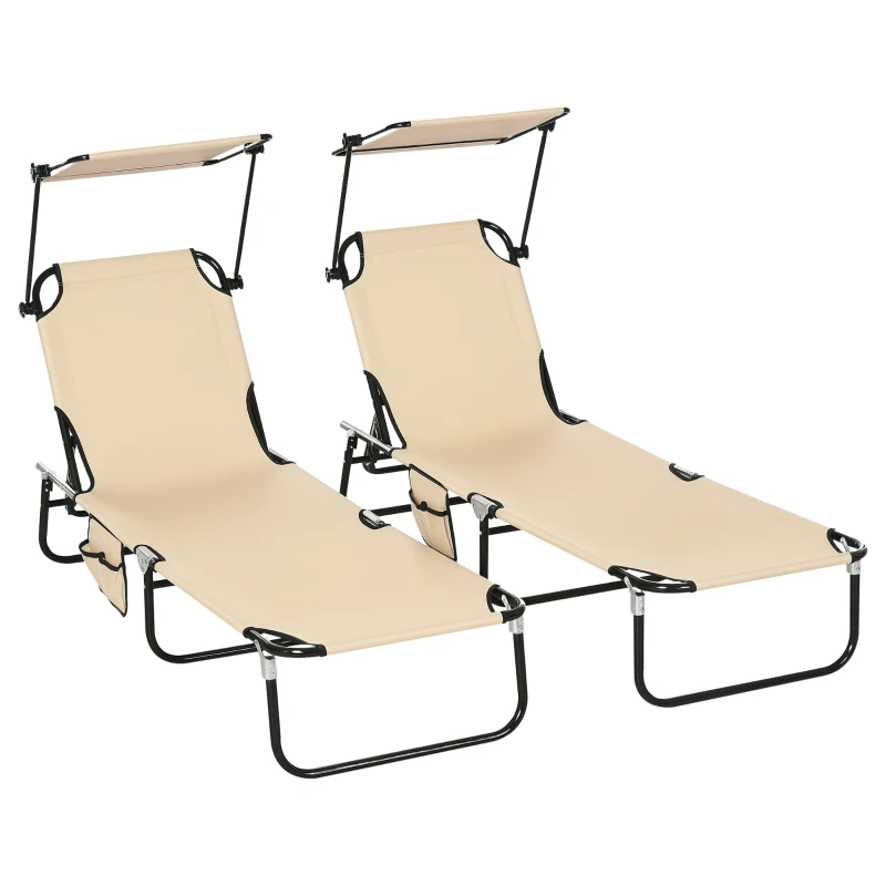 Outsunny 2-delige Set Ligstoelen inklapbaar met Zonnescherm, 5-standen Verstelbare Rugleuning - Bruin