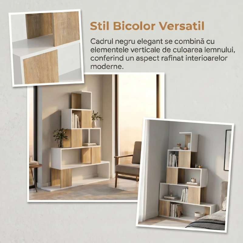 HOMCOM Bibliotecă cu 5 Rafturi Tip Trepte, Alb și Lemn Natural