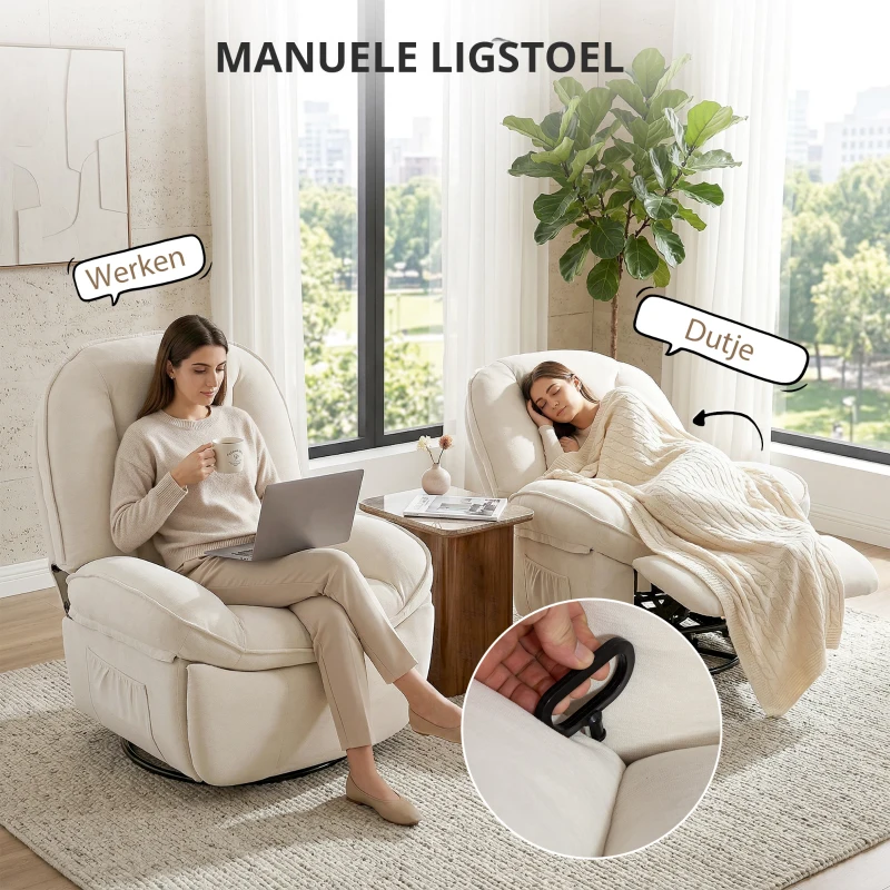 HOMCOM Relaxfauteuil, Draaibare Schommel- en Ligstoel met Diepe Zitting, Dikke Rugkussens, Gemakkelijke Montage, Crème