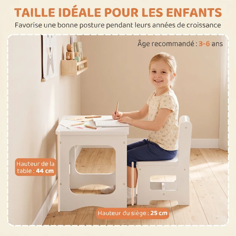 AIYAPLAY Bureau et Chaise pour Enfant avec Plateau Réversible Tableau Noir, 3 à 6 Ans, Blanc