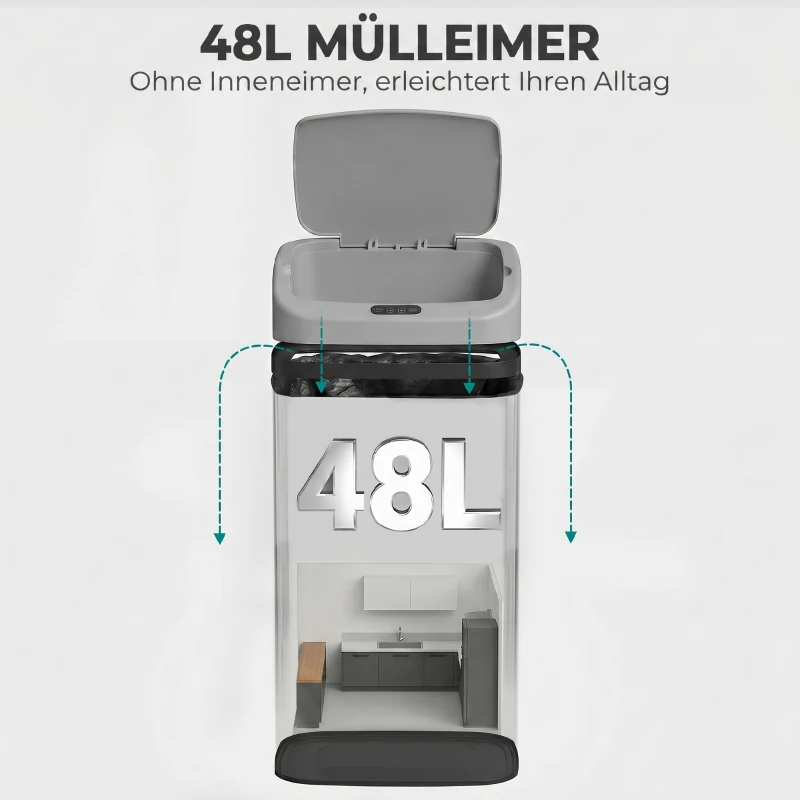 HOMCOM 48 L Sensor-Mülleimer für Küche oder Büro, automatische Schließ-Funktion, Edelstahl, Silberton