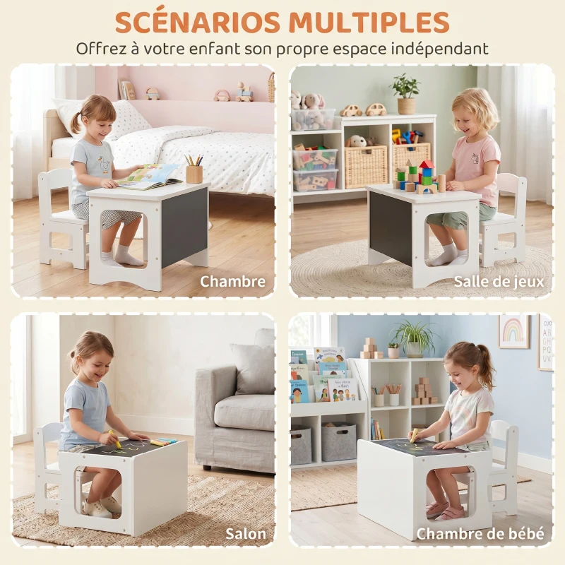 AIYAPLAY Bureau et Chaise pour Enfant avec Plateau Réversible Tableau Noir, 3 à 6 Ans, Blanc