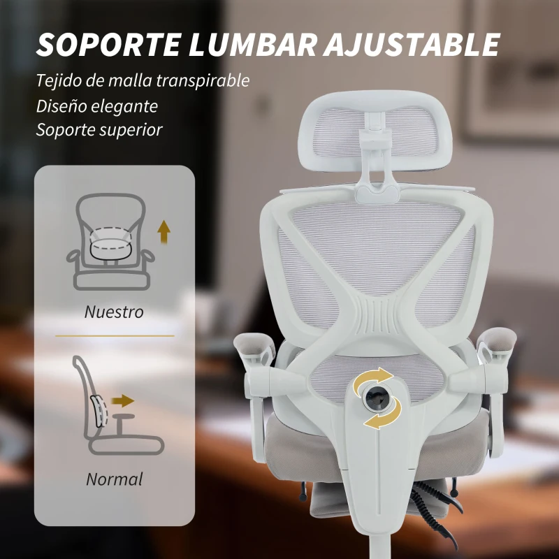 HOMCOM Silla de Escritorio de Malla Reclinable con Reposacabezas Soporte Lumbar Reposapiés y Altura Regulable Gris Claro
