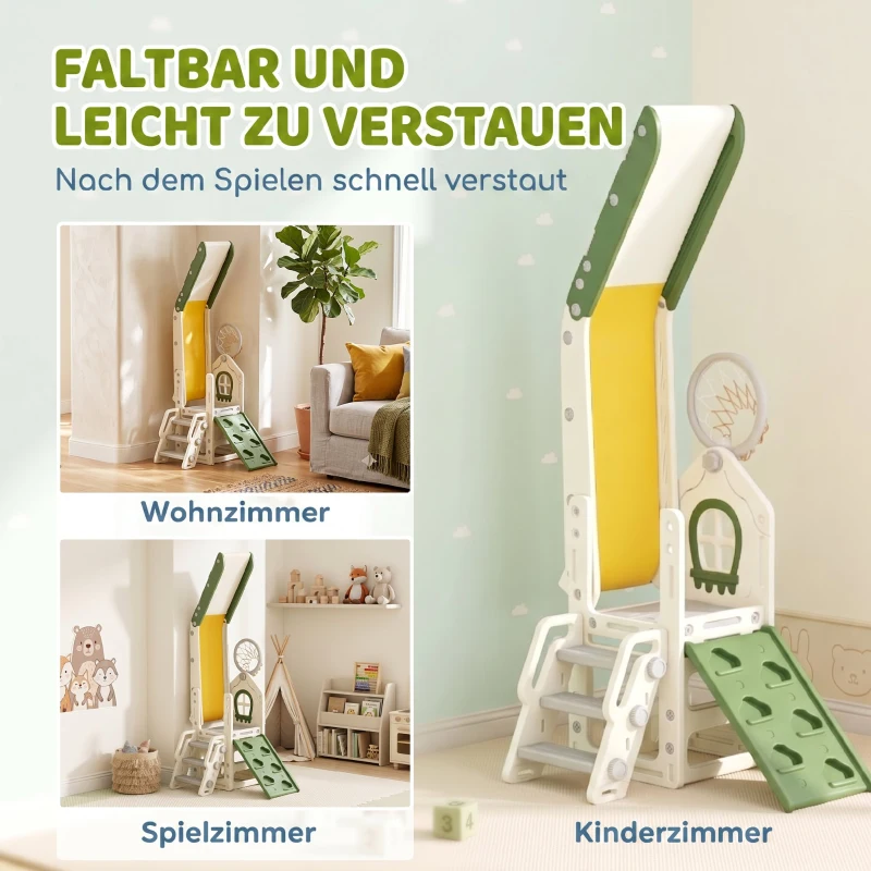 AIYAPLAY Faltbare 4-in-1 Kleinkinderrutsche mit Kletterelement, Basketballkorb, Stauraum und Basketball für Kinder von 1-3 Jahren, Cremeweiß