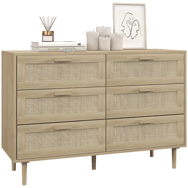 HOMCOM Cómoda para Dormitorio con 6 Cajones con Frontal de Ratán Patas de Madera Cajonera Estilo Bohemio 110x40x75 cm Roble