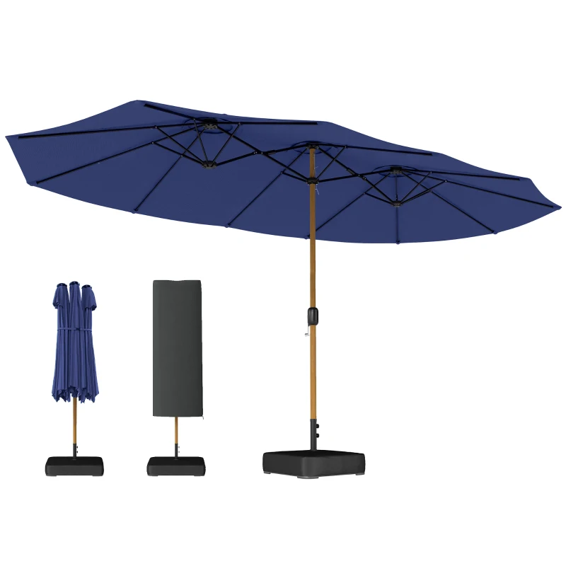 Outsunny Umbrelă Dublă cu 12 Spițe, Manivelă, Bază încrucișată și Saci de Nisip, 4,7x2,8 m, Albastru Închis