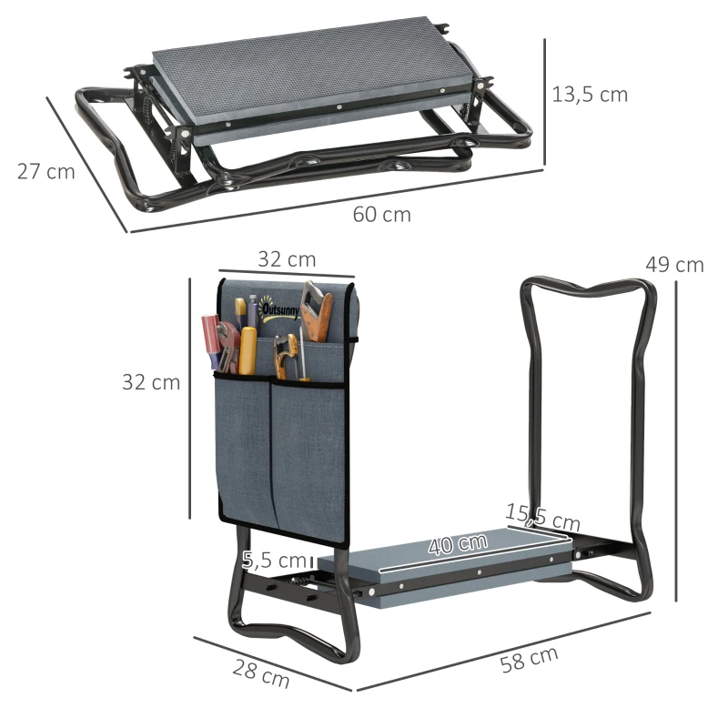 Outsunny Kniebank für Gartenarbeit klappbar Gartenhocker mit Kniekissen Werkzeugtaschen bis 150 kg 58 x 28 x 49cm Grau