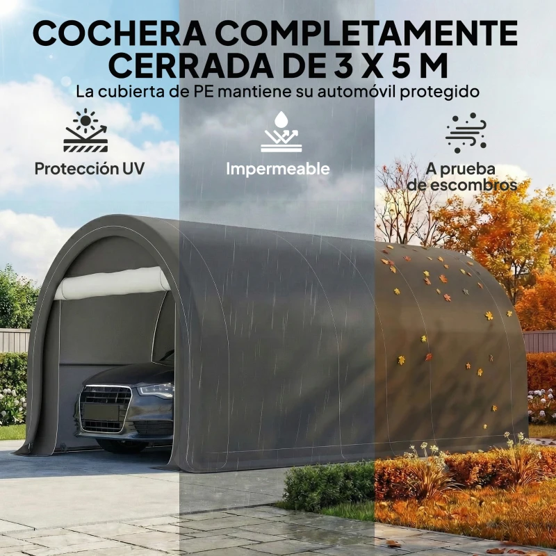 Outsunny Garaje Exterior para Coche 3x5 m Impermeable con Tejido PE Resistente Marco de Acero Galvanizado UPF30+ Gris