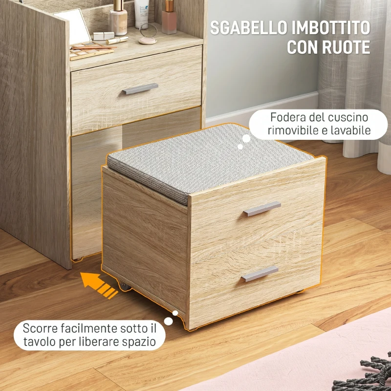 HOMCOM Tavolo da Trucco con Specchio a Ribalta, Cassetti e Sgabello, in Legno e Tessuto Effetto Lino, color Legno
