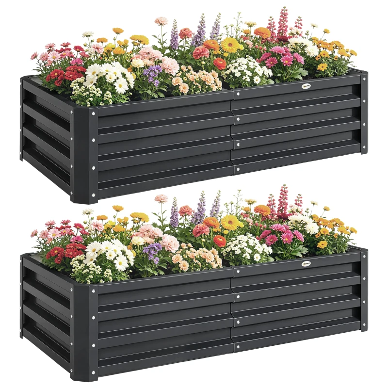 Outsunny Set of 2 Raised Beds for Garden, Galvanised Outdoor Planters for Herbs Vegetables, Use for Patio Balcony, Grey