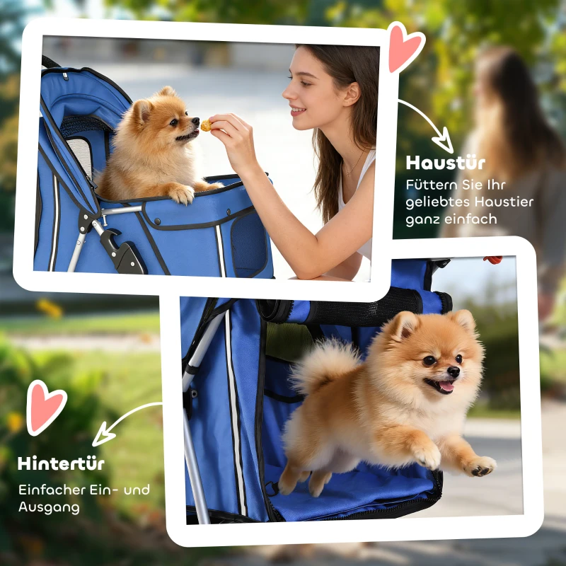 PawHut Hondenwagen hondenbuggy opvouwbaar tot 10 kg met opbergmand, kussen, gaasramen, voor kleine honden, 77x44x102cm blauw