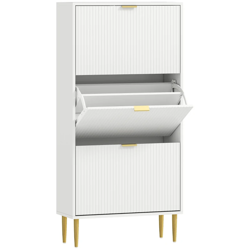 HOMCOM Meuble à chaussures 18 paires avec 3 tiroirs rabattables, portes cannelées et étagères réglables, 60x24x122,5cm, blanc