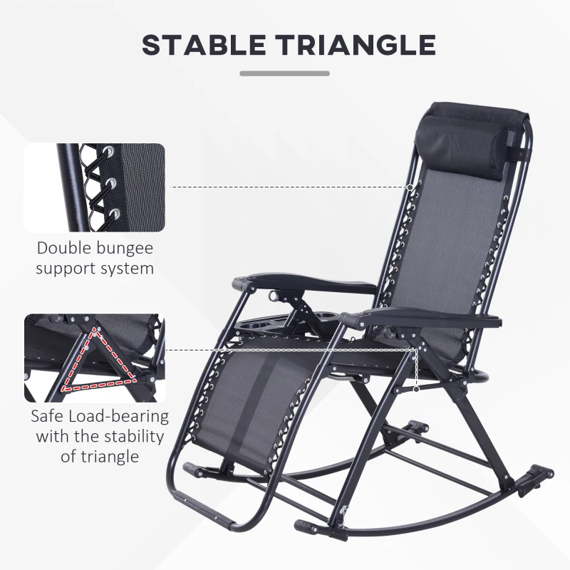 Outsunny Foldable Garden Rocking Chair, Outdoor Recliner Sun Lounger with Breathable Mesh Fabric, Zero-Gravity Seat with Headrest and Cup Holder Tray, Black