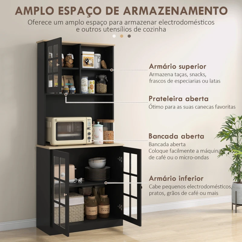 HOMCOM Armário de Cozinha com Prateleiras e Portas de Vidro  Armário Alto de Cozinha para Pequenos Eletrodomésticos e Louças 80x37x183 cm Preto