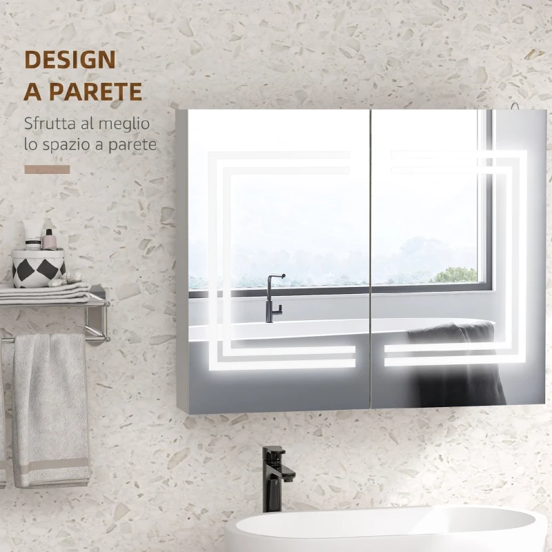 kleankin Specchio Bagno Contenitore con Luce LED, 80 x 65cm Mobile Bagno con Specchio, Anta Soft Close, Dimmerabile a 3 Colori, Ripiani Regolabili, Bianco Lucido