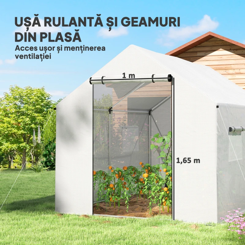 Outsunny Seră de Grădină Tip Tunel 2x3x2 m cu Uși și Ferestre Rulabile, Seră pentru Grădină cu Acoperiș Înclinat, Structură din Oțel și Acoperire din Polietilenă, pentru Grădină, Verdețuri, Flori, Fructe, Anti-UV, Alb