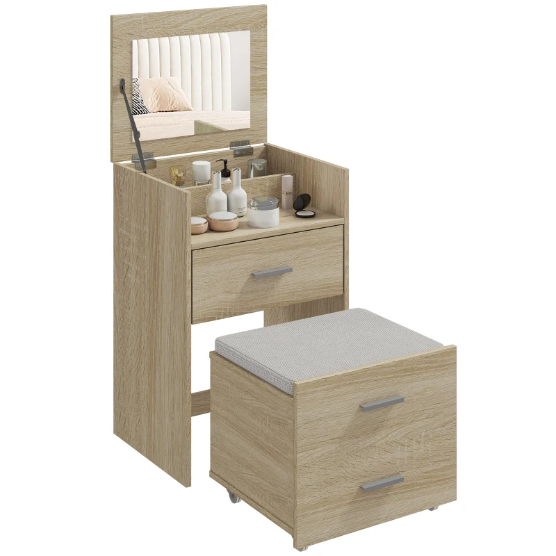HOMCOM Tavolo da Trucco con Specchio a Ribalta, Cassetti e Sgabello, in Legno e Tessuto Effetto Lino, color Legno