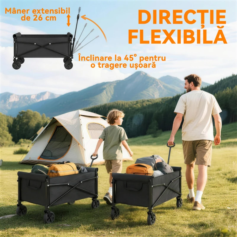 Outsunny Cărucior de Grădină 80L Pliabil cu Mâner Reglabil, din Metal și Țesătură Oxford, 78x47.5x92 cm, Negru
