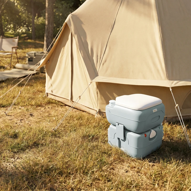 Outsunny Portable Toilet for Adults, 22L Camping Toilet with Seat, Lid and Anti-Leak Handle Pump, Outdoor Travel Toilet with Detachable Tanks for Camping, Boating, Hiking, Travel, RV, Grey