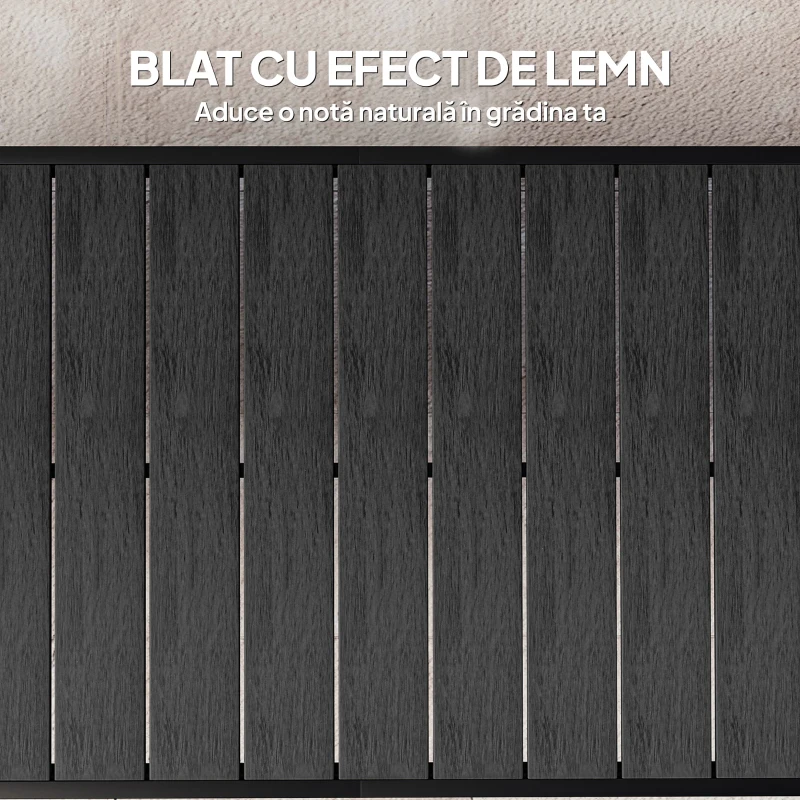 Outsunny Masă de Grădină cu Blat cu Aspect de Lemn 190x90 cm pentru 8 Persoane, Masă de Luat Masa de Exterior Dreptunghiulară din Aluminiu și Plastic, pentru Terasă, Balcon, Negru