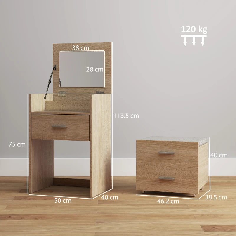 HOMCOM Tavolo da Trucco con Specchio a Ribalta, Cassetti e Sgabello, in Legno e Tessuto Effetto Lino, color Legno