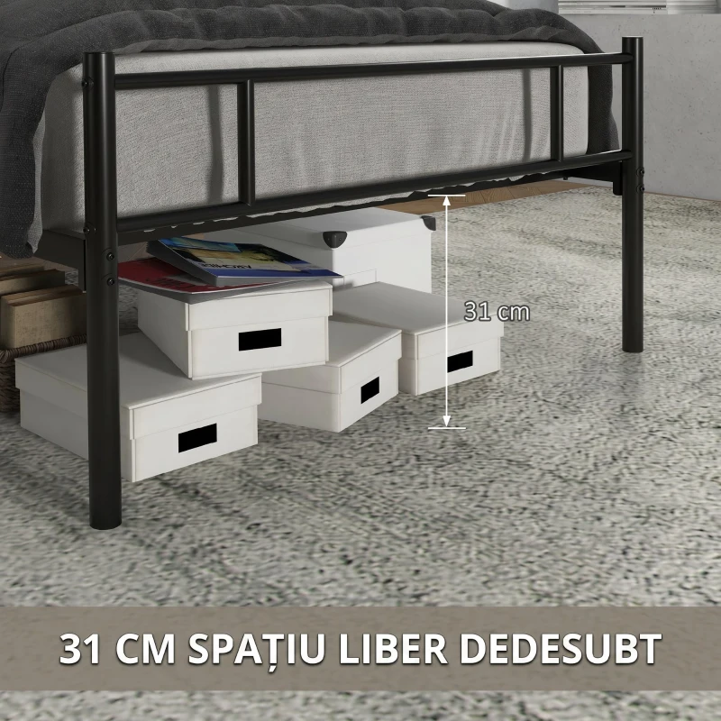 HOMCOM Cadru de Pat Single din Oțel cu Somieră Metalică Integrată, Tăblie și Tetieră incluse, pentru 1 Persoană, 90x200 cm, Negru