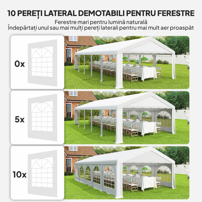 Outsunny Cort de grădină 10x5 m cu 10 pereți laterali detașabili, din PE și metal galvanizat, alb