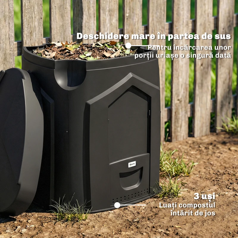 Outsunny Compostor de Grădină 240L Triunghiular Rotativ cu 66 Guri de Aerisire și 3 Uși, din PP, 78x75x78 cm, Negru