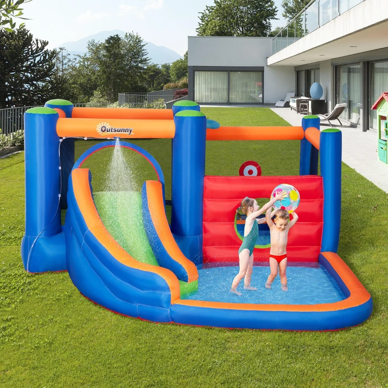 Outsunny springkasteel, met ruches, springkussen, zwembad, opblaasbaar, incl. elektrische pomp, voor maximaal 3 kinderen, 380 x 340 x 170 cm