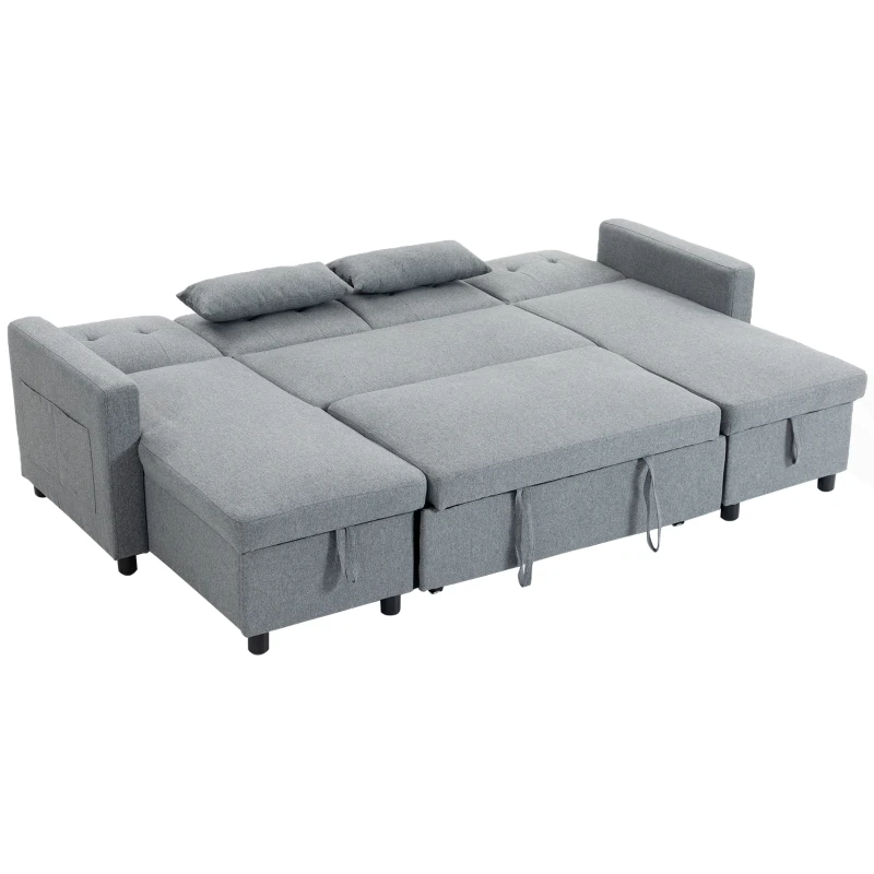 HOMCOM Canapé d'angle avec fonction couchage et coffre en U 4 places Canapé avec chaiselongue, dossier réglable, aspect lin