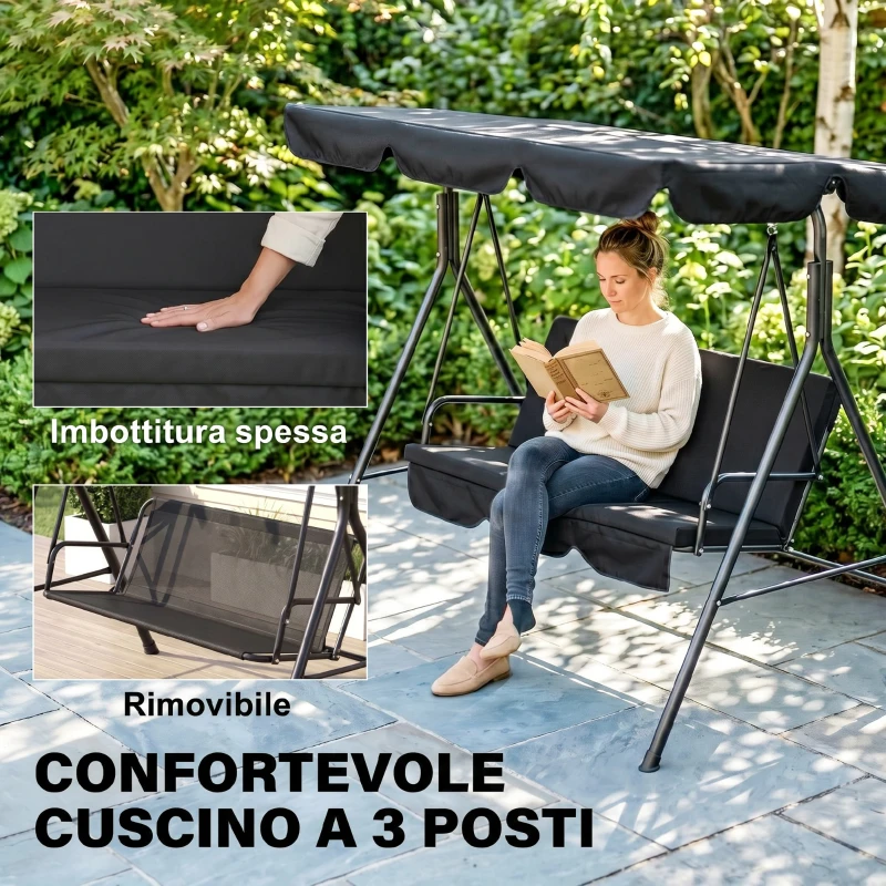 Outsunny Balancín de Jardín Exterior Columpio de 3 Plazas con Toldo Ajustable y Marco de Acero para Terraza 172x110x153 cm Negro
