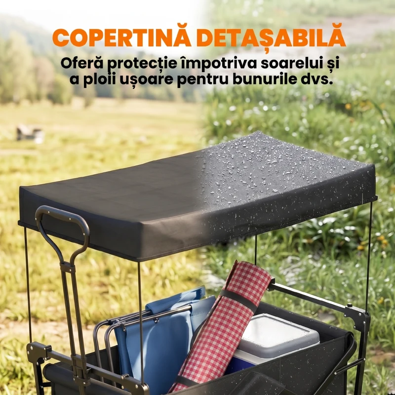 Outsunny Cărucior de Grădină 110L cu Mâner Telescopic și Acoperiș din Oțel și Țesătură Oxford, Negru