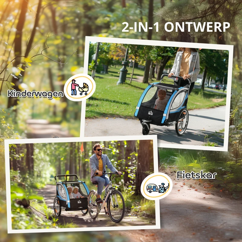 HOMCOM kinderaanhanger 2-in-1 designkinderwagen met Oxford-vlag blauw+zwart