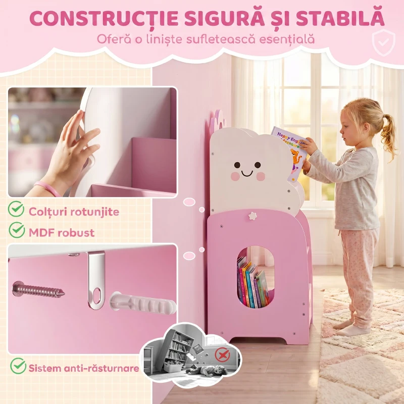 AIYAPLAY Bibliotecă Copii 3-în-1, 4 Compartimente, 3 Rafturi, Noptieră pentru Cameră, Roz.
