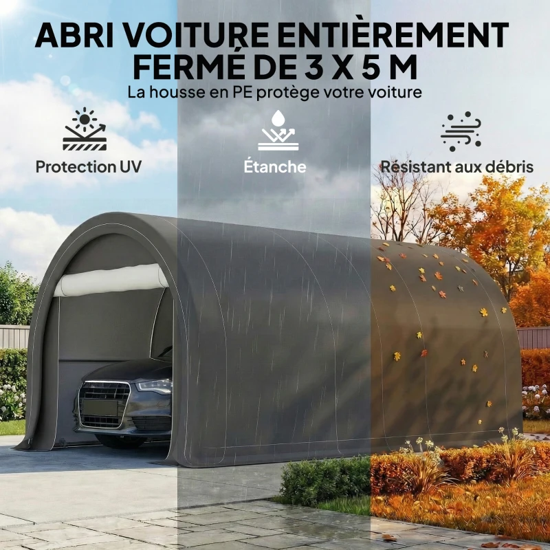 Outsunny Tente de garage résistant à l'eau protection UV UPF 30 + parois latéraux amovibles 5 x 3 m gris(m-4)