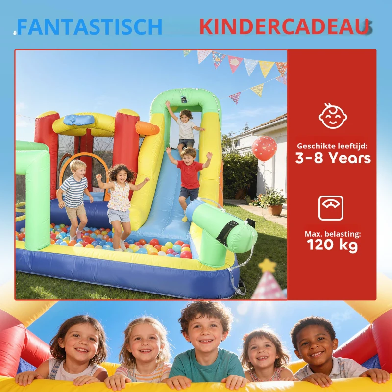 AIYAPLAY 9-in-1 opblaasbaar springkasteel met blower glijbaan plonsbad waterpistool voor 3-8 jaar 330x290x185 cm Veelkleurig
