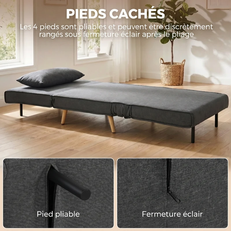 HOMCOM Canapé-lit 1 place avec dossier réglable, coussin inclus et pieds pliables charge 120 kg gris