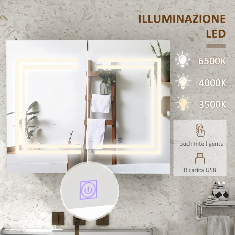 kleankin Specchio Bagno Contenitore con Luce LED, 80 x 65cm Mobile Bagno con Specchio, Anta Soft Close, Dimmerabile a 3 Colori, Ripiani Regolabili, Bianco Lucido