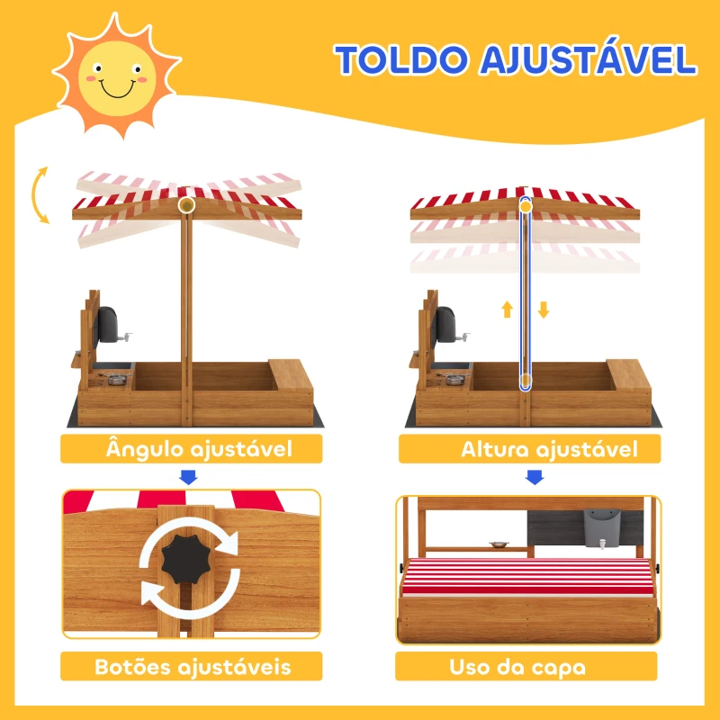 Outsunny Caixa de Areia de Madeira para Crianças com Toldo Regulável e Brinquedos de Cozinha para Crianças de 3-7 Anos 114x110x110 cm Vermelho