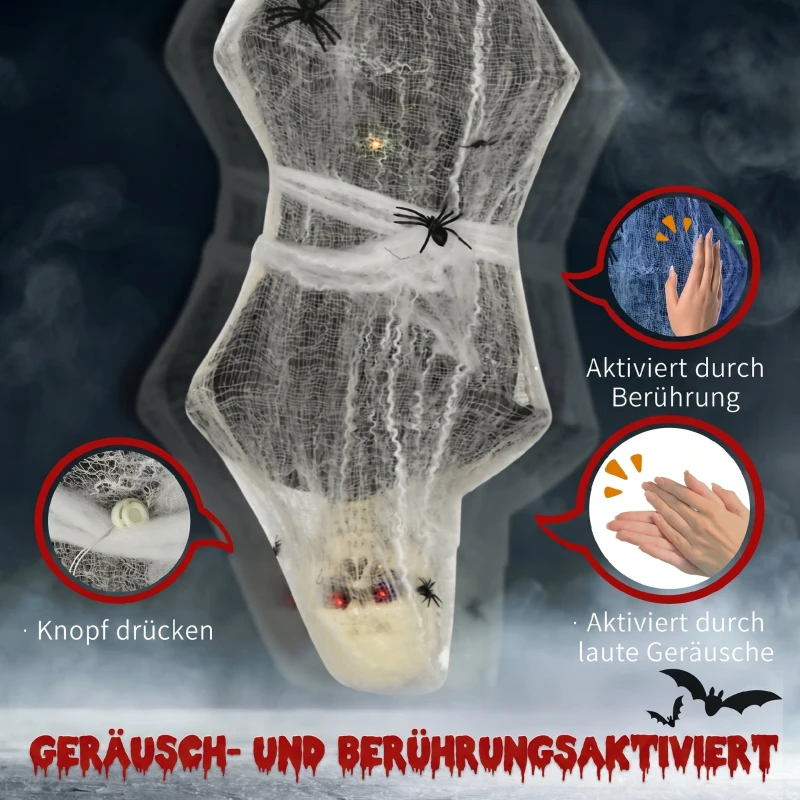HOMCOM Halloween-Mumie, Halloween-Dekoration, Soundfunktion, mit Bewegungssensor und LED-Lichtern, 60 cm x 16 cm x 170 cm