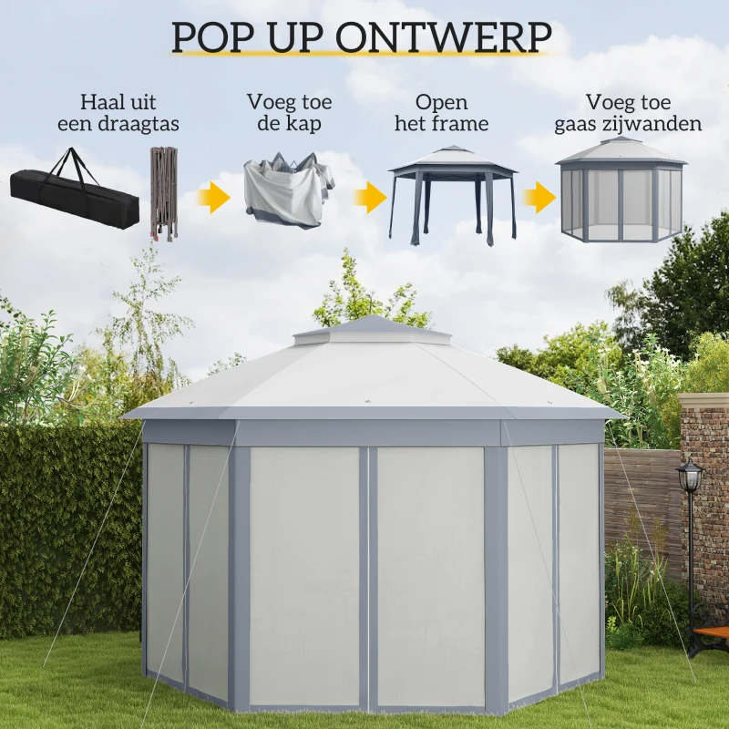 Outsunny Vouwtent 4 x 4m, Zeshoekig Ontwerp, Netgordijnen, Waterafstotend, Ventilatiedak, Grijs+Wit