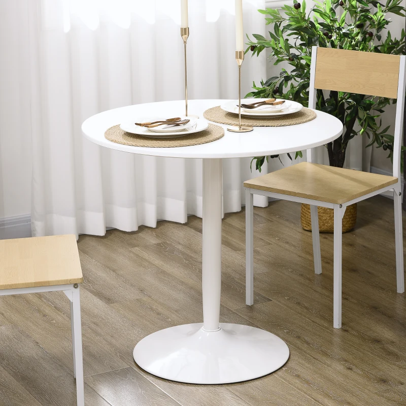 HOMCOM Eettafel voor 2 Personen, Ronde Tafelblad Ø80 cm, MDF en Staal, Antislip, Wit, 75H cm