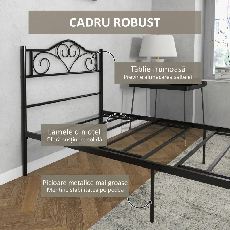 HOMCOM Cadru de Pat Single din Oțel cu Somieră Metalică Integrată, Tăblie și Tetieră incluse, pentru 1 Persoană, 90x200 cm, Negru