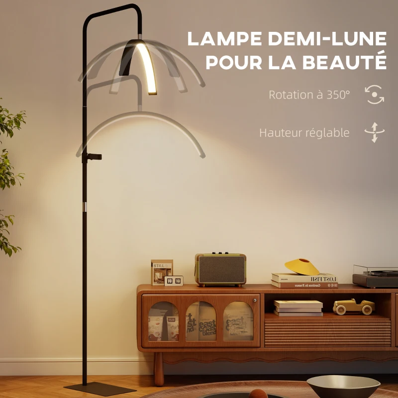 HOMCOM Lampadaire LED demi-lune rotative 350°, lampadaire sur pied salon dimmable 36 W, 7 températures de couleur, noir