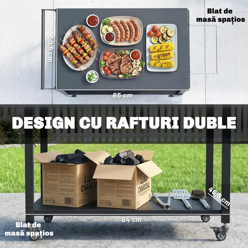 Outsunny Cărucior pentru Grătar, 2 Rafturi, Suport Pizza, Suport Saci și Cârlige, Negru.