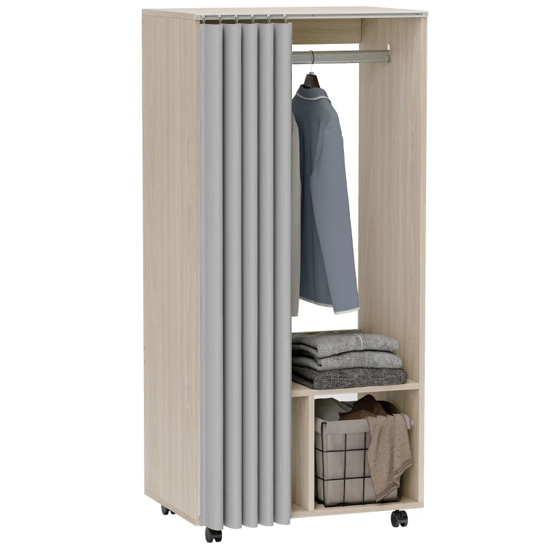 HOMCOM Armoire penderie armoire de rangement mobile avec rideau, tringle de suspension, 60 x 40 x 128 cm, effet bois naturel