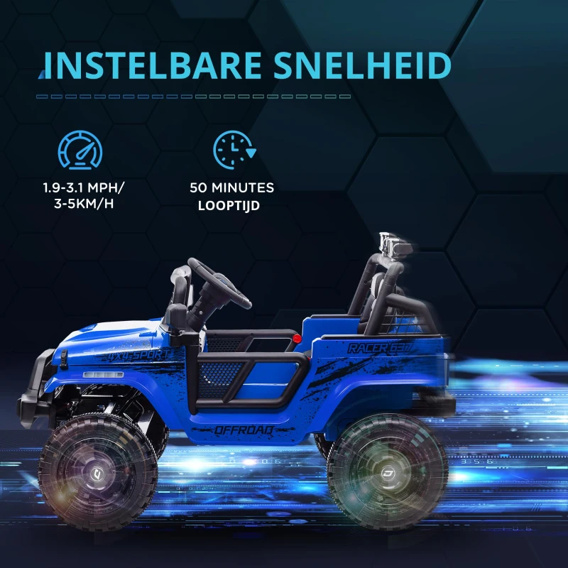 AIYAPLAY Elektrische Kinderauto met Zachte Veren, Afstandsbedienbaar, LED-Lichten, Toeter, 12V Motoren, van Kunststof en Metaal, Blauw(m-4)